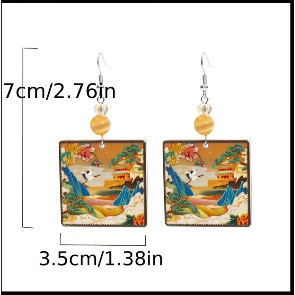 Colorful Crane Mountain Oriental Square Drop Earrings - Picture 3 of 6